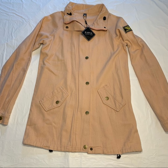🆕 NWT Zaful zip up/snap peach canvas flight jacket commanding officer patch - Picture 2 of 12